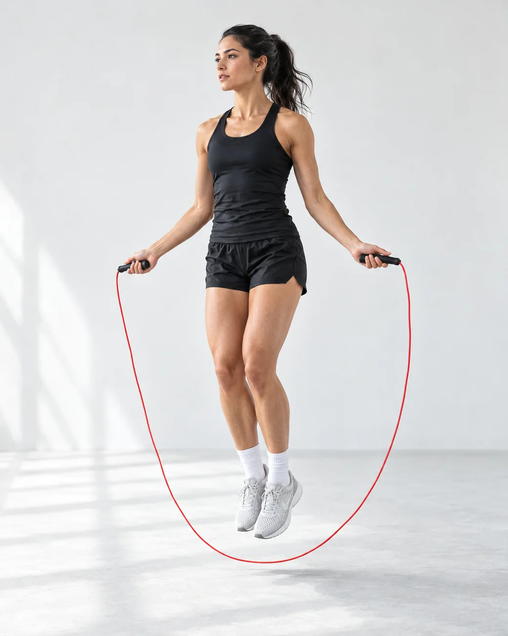 An athlete finding her rhythm with a red jump rope in a bright studio.